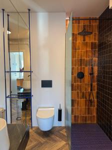 een badkamer met toilet en glazen douche bij Widok Marzeń Sun&Ski Romantic Art House z garażem in Krynica Zdrój