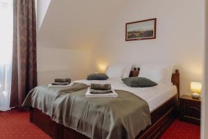 a bedroom with a bed with two pillows on it at Pensiunea Csató Borzont - Csató Panzió Borzont in Borzont
