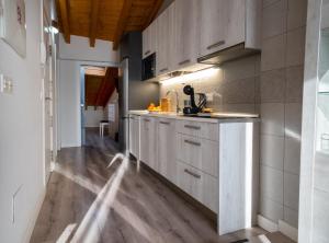 kuchnia z białymi szafkami i drewnianą podłogą w obiekcie Apartamentos Aranda w mieście Aranda de Duero