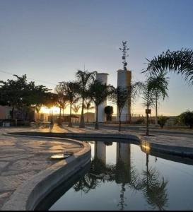 una piscina d'acqua con palme e un edificio di Rancho Rallf a Santo Antônio do Descoberto
