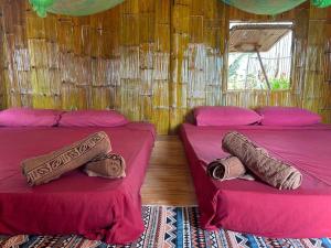 two beds in a room with pink sheets at Young Wild and Free in Koh Kong