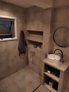 ein Badezimmer mit Dusche, Waschbecken und Spiegel in der Unterkunft Casa Bella Vista in San Salvador de Jujuy