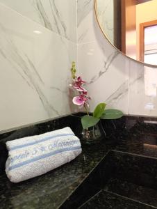 baño con lavabo, espejo y toalla en Refugio Aconchego, en Manaus