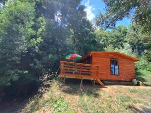 a wooden cabin with a bench and an umbrella at Entre Aromos in Lago Ranco
