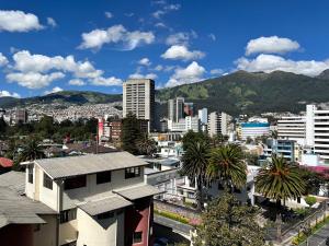 a city with buildings and palm trees and mountains at Espectacular Loft en UIO in Quito