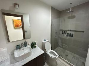 a bathroom with a toilet and a sink and a shower at Altomare Depa 1804 in Mazatlán