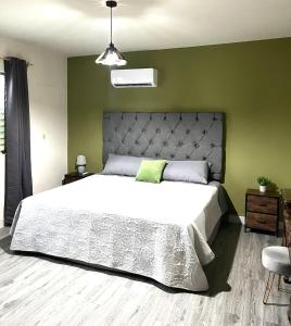 Un dormitorio con una cama grande y una pared verde. en Departamento 2 Recamaras, en Ciudad Valles