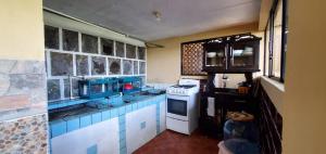 a kitchen with blue and white tile on the wall at Casa Guillermo Batz in San Pedro La Laguna