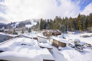 a village covered in snow with cars parked at Hakuba Gateway Hotel in Hakuba +28 photos