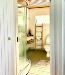 a bathroom with a shower and a toilet and a sink at Get Close To Nature And The Starry Sky in Stege +25 photos