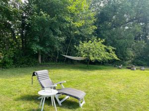 a hammock and a chair in a yard at Cosy Cabin Collection In Veddinge Bakker in Asnæs