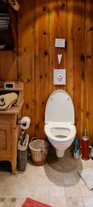 baño con aseo blanco en una pared de madera en Cozy Cabin With A Beautiful View, en Øygardsgrend 8 fotos más