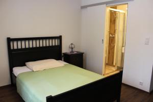 ein Schlafzimmer mit einem großen Bett und einer Dusche in der Unterkunft Hotel Restaurant Schweizerhaus in Klagenfurt am Wörthersee