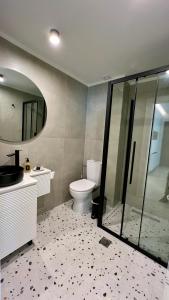 a bathroom with a toilet and a sink and a mirror at Aeolian apartment in Mytilini