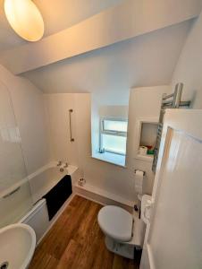 a bathroom with a white toilet and a sink at Cosy Beach Cottage - Cawsand in Cawsand