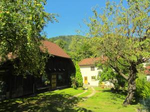 uma vista para uma casa e um celeiro em Heidi's Schlummerkiste em Breitenau am Hochlantsch
