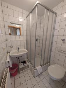 a bathroom with a shower and a toilet and a sink at Pension Dornröschen in Bad Füssing +12 photos