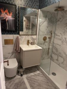 a bathroom with a sink and a shower and a toilet at Central London Studio Apartment in London +12 photos
