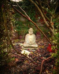 a buddha statue sitting in a garden at Fewo am Steinbrunnen in Brauneberg +4 photos