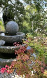 a stone fountain in a garden with a plant at Casa Valentini in Zapfendorf