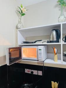 a microwave oven sitting on top of a kitchen counter at A modern affordable stylish bedsitter centrally located in nairobi in Nairobi