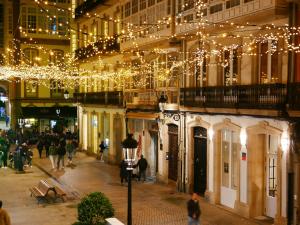 a large building with christmas lights hanging from it at Vivienda pleno corazón de la ciudad, As rías in A Coruña