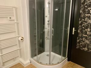 una ducha con puerta de cristal en un baño en PYRENE HOLIDAYS - Héraclès - Locations cure thermale et voyage à Bagneres de Bigorre, en Bagnères-de-Bigorre 27 fotos más