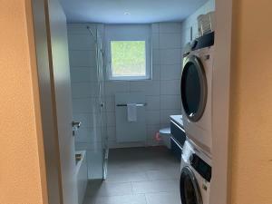 um banheiro com chuveiro e máquina de lavar em The R Apartment Adlisberg em Geroldswil