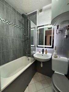 a bathroom with a sink and a tub and a toilet at Cosy Studio in Nogent-sur-Marne, City Centre, WiFi in Nogent-sur-Marne