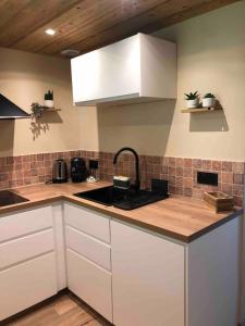 a kitchen with white cabinets and a sink and a counter at 10 mns d'Obernai, Le Refuge du petit Lutin Vert in Boersch