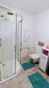 La salle de bains est pourvue d'une douche, de toilettes et de tapis verts. dans l'établissement Familienfreundliches modernes Ferienhaus nahe zum Meer und zur Pier, à Heringsdorf