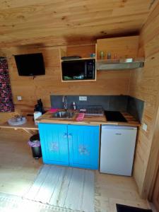 a kitchen with a stove and a sink in a cabin at l'Eden du Sancerrois in Sens-Beaujeu +2 photos
