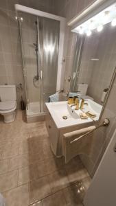 a bathroom with a sink and a shower and a toilet at Villa More in Postup +57 photos