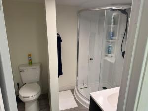 a bathroom with a shower and a toilet and a sink at Pennsboro WV 'Country Roads' in Pennsboro +9 photos