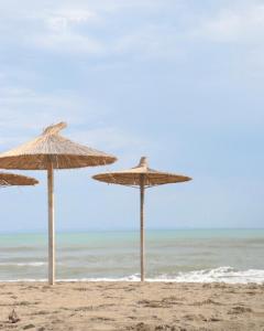 three straw umbrellas on a beach near the ocean at Willy Apartments in Velipojë