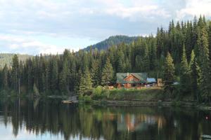 a house on a hill next to a lake at Lac Des Roches Resort in Bridge Lake