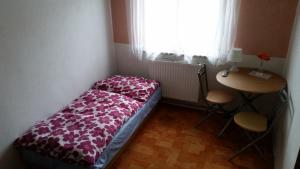 Bett in einem Zimmer mit einem Tisch und einem Fenster in der Unterkunft U Anny in Háj ve Slezsku