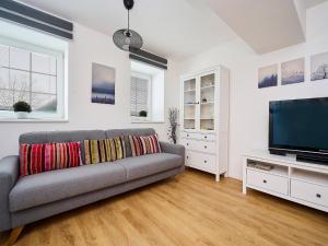 Una sala de estar con un sofá y un televisor de pantalla plana. en Apartment Hašlerka by Interhome, en Janov nad Nisou