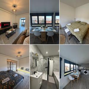 a collage of four pictures of a room at # Le 14 # Nouveau T3 rénové au calme vue sur les Vosges in Riedisheim