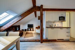 eine Küche und ein Wohnzimmer mit einem Loft in der Unterkunft Hôtel du Raisin in Lausanne