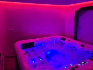 a room with a hot tub in a pink room at Casa B32 Spa Rucar in Rucăr