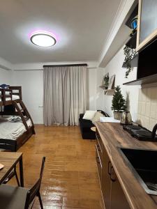 Una cocina y una sala de estar con una litera. en Cozy and Tiny Nest in Gudauri, en Gudauri