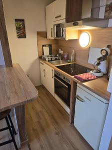 Una pequeña cocina con estufa y fregadero. en Cityapartments MH, en Mülheim an der Ruhr