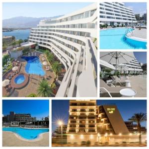 un collage de fotos de un hotel y un complejo en סי סייד אילת סוויטה יוקרתית מפנקת 3 חדרים מרחק הליכה מהים, en Eilat