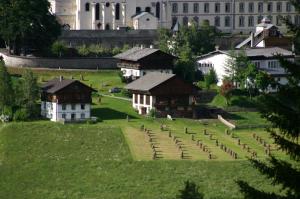 a group of buildings on a green field with grass at Bauernhof im Wiesengrund in Maria Luggau