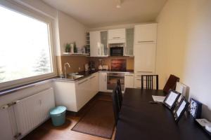a kitchen and dining room with a table and a kitchen at Stylish New City Appartement in Graz