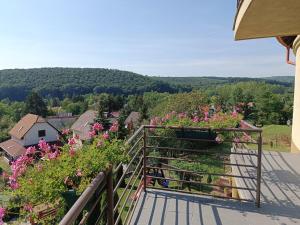 a balcony with flowers and a view of a village at Kökény Apartman Bogács in Bogács