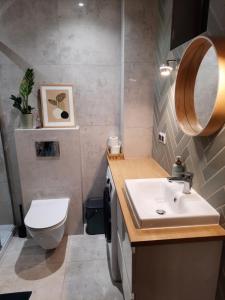 a bathroom with a sink and a toilet at Cicho-Ciszej Dom całoroczny 7-osobowy in Wiktorowo +22 photos
