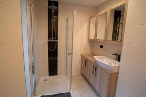 a bathroom with a shower and a sink at Apartment Waldfrieden in Pfons +7 photos