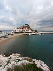 a beach with houses and boats in the water at sofitsasplace in Kokkari +13 photos